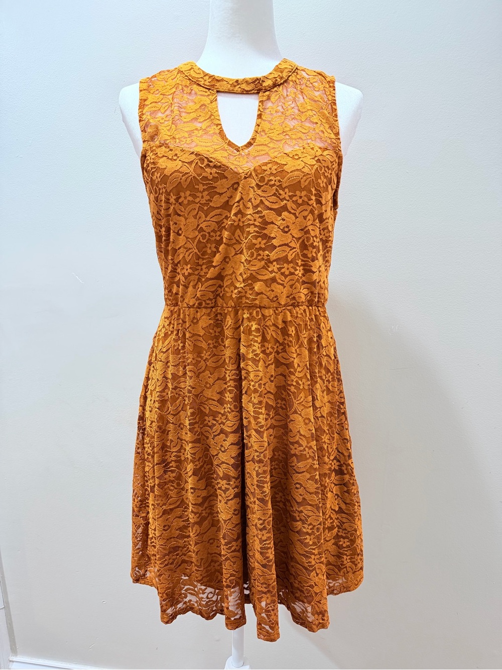 As U Wish Mustard Lace Keyhole Sleeveless Dress - XL
